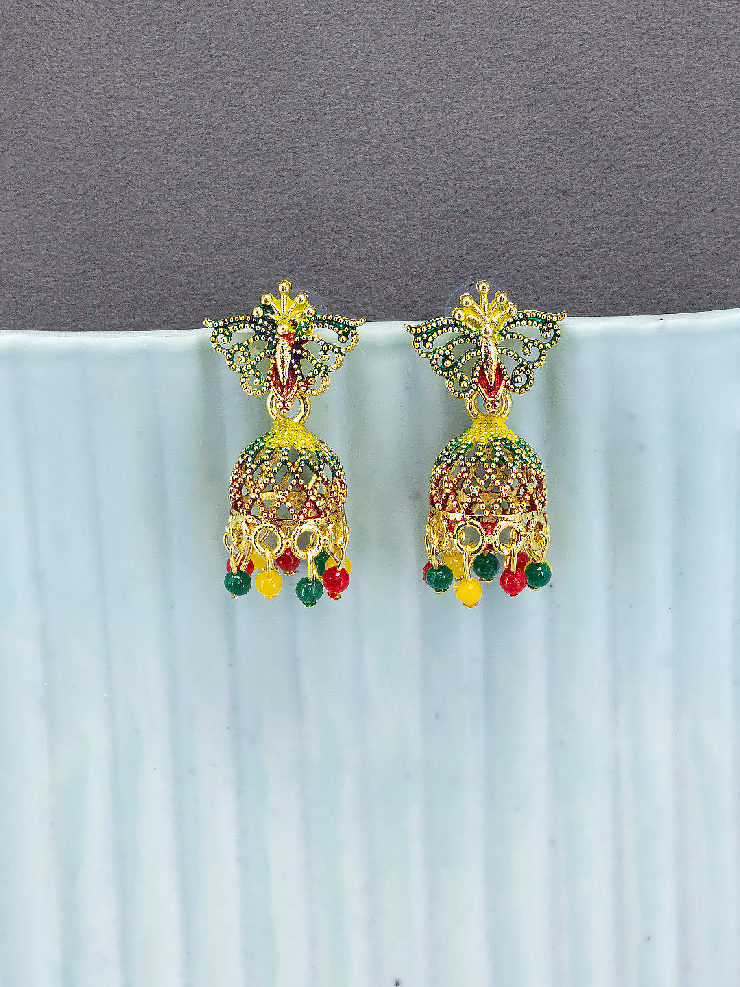 Gold Plated Butterfly Multi Color Artificial Beaded Jhumki Earrings