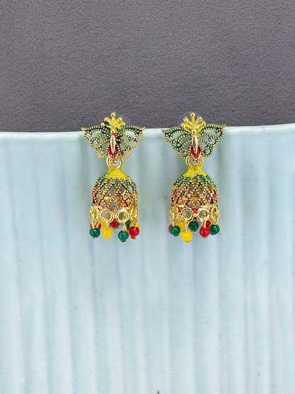 Gold Plated Butterfly Multi Color Artificial Beaded Jhumki Earrings