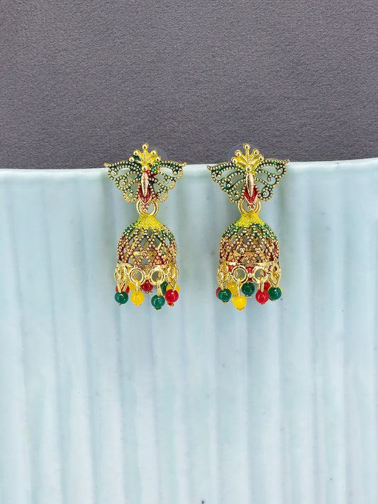 Gold Plated Butterfly Multi Color Artificial Beaded Jhumki Earrings