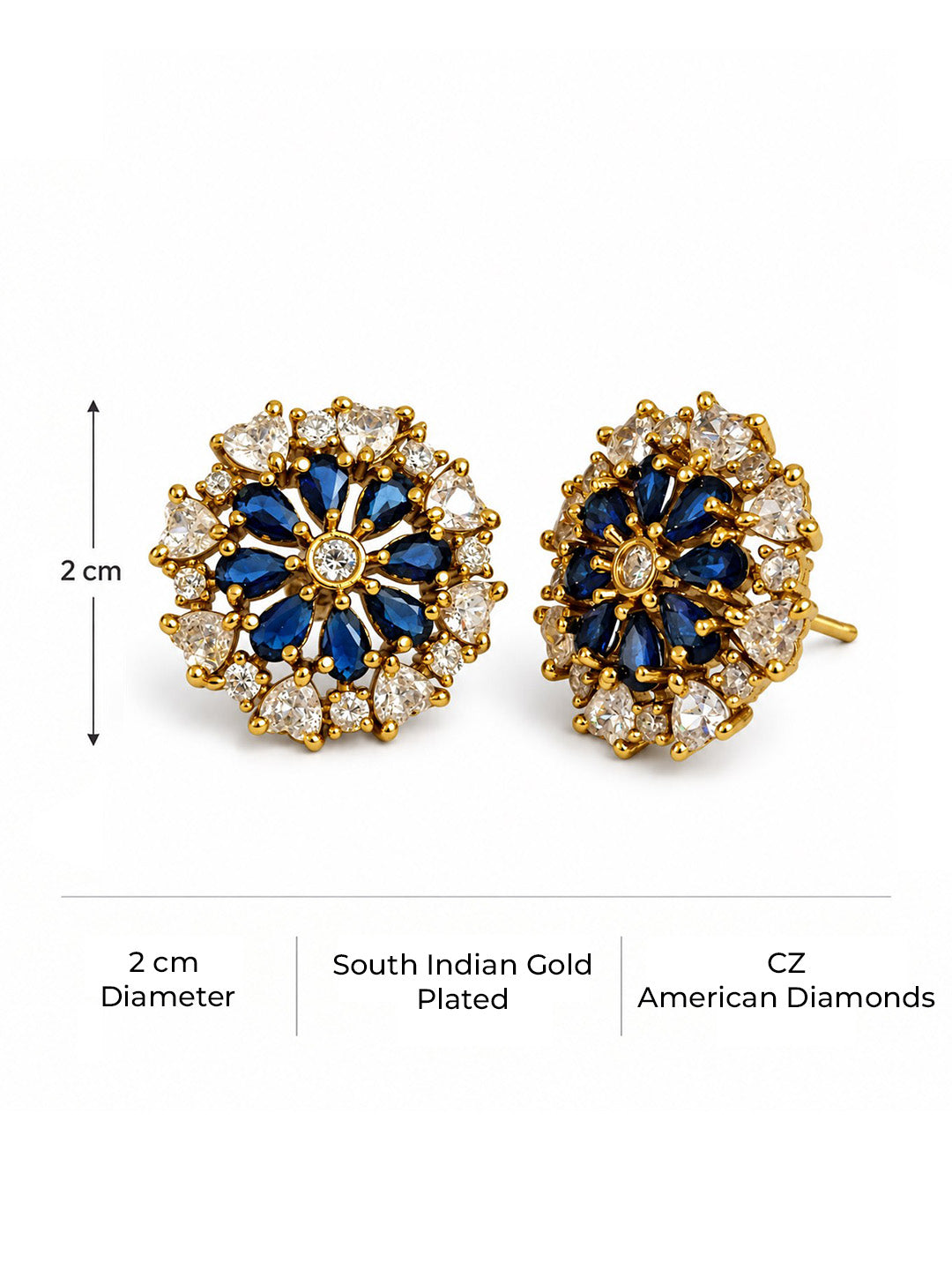 South Indian Gold Plated Blue AD Floral Stud Earrings for Women