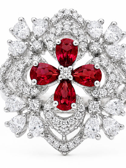 Rhodium Plated Red AD Floral Finger Ring for Women