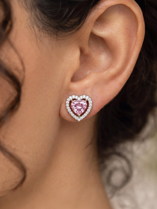 Silver Plated Pink AD Heart Studs for Women