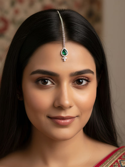 Rhodium Plated Green American Diamond Maang Tikka for Women