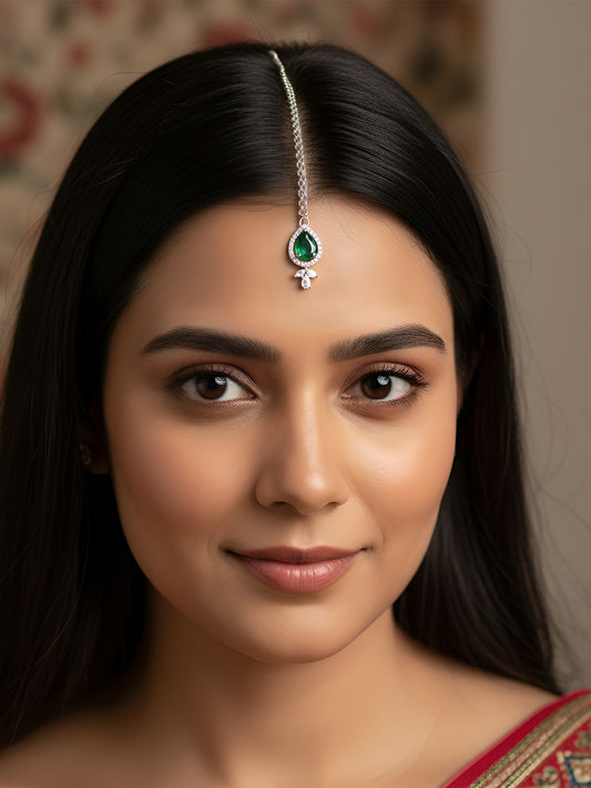 Rhodium Plated Green American Diamond Maang Tikka for Women