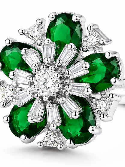 Rhodium Plated Green AD Floral Finger Ring for Women