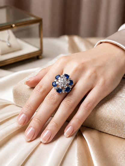 Silver Plated Blue AD Floral Finger Ring for Women