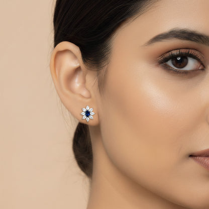 Rhodium Plated Blue AD Floral Studs for Women
