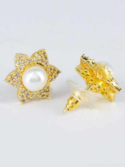 Gold Plated American Diamond Floral Stud Earrings for Women