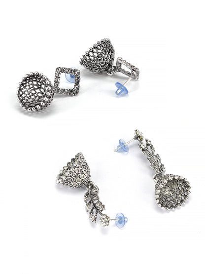 Set of 4 Silver Oxidised Jhumka Earrings for Women