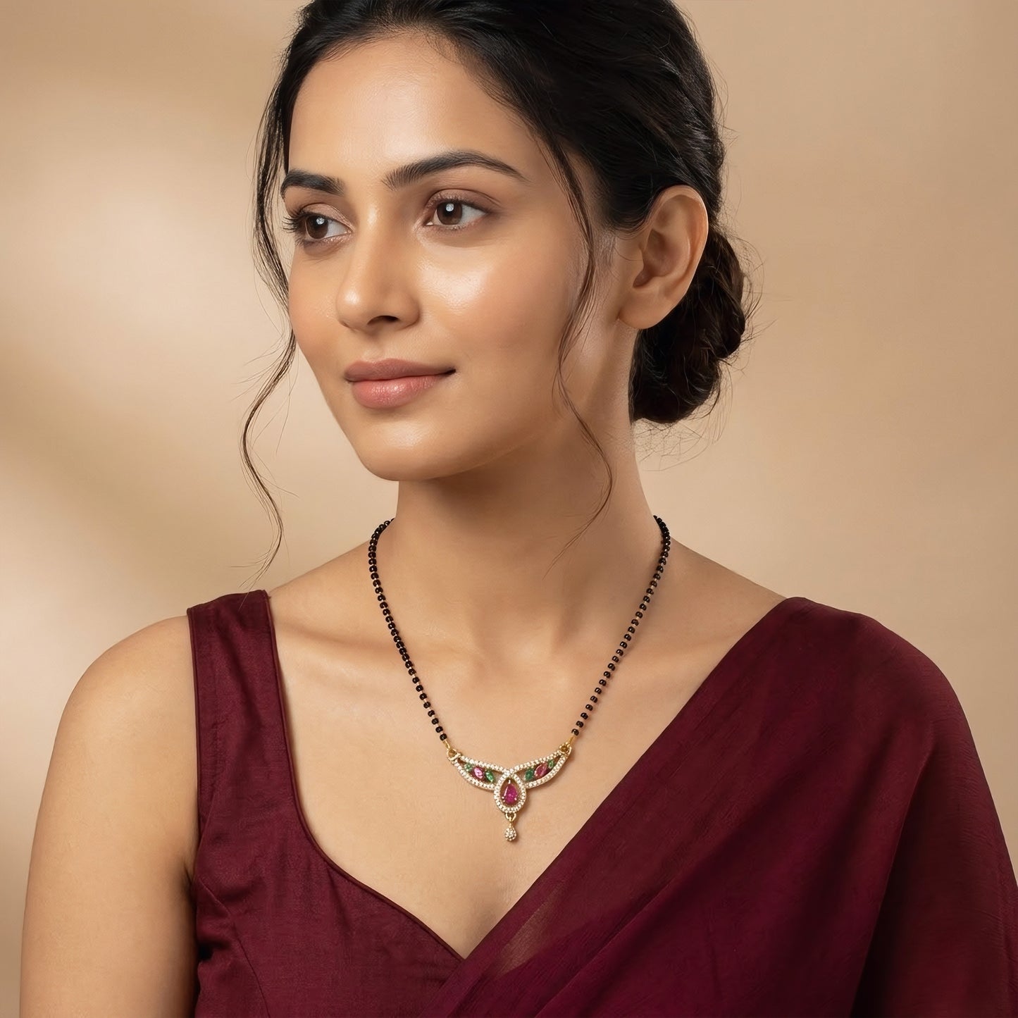 Gold Plated Red & Green AD Mangalsutra For Women