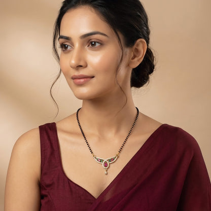 Gold Plated Red & Green AD Mangalsutra For Women