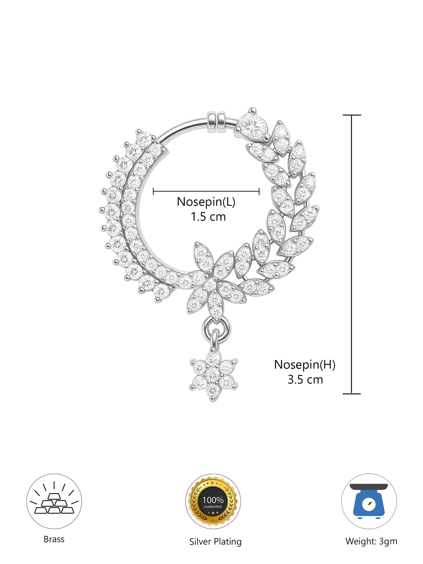 Silver Plated White AD Bridal Drop Press On Nose Ring