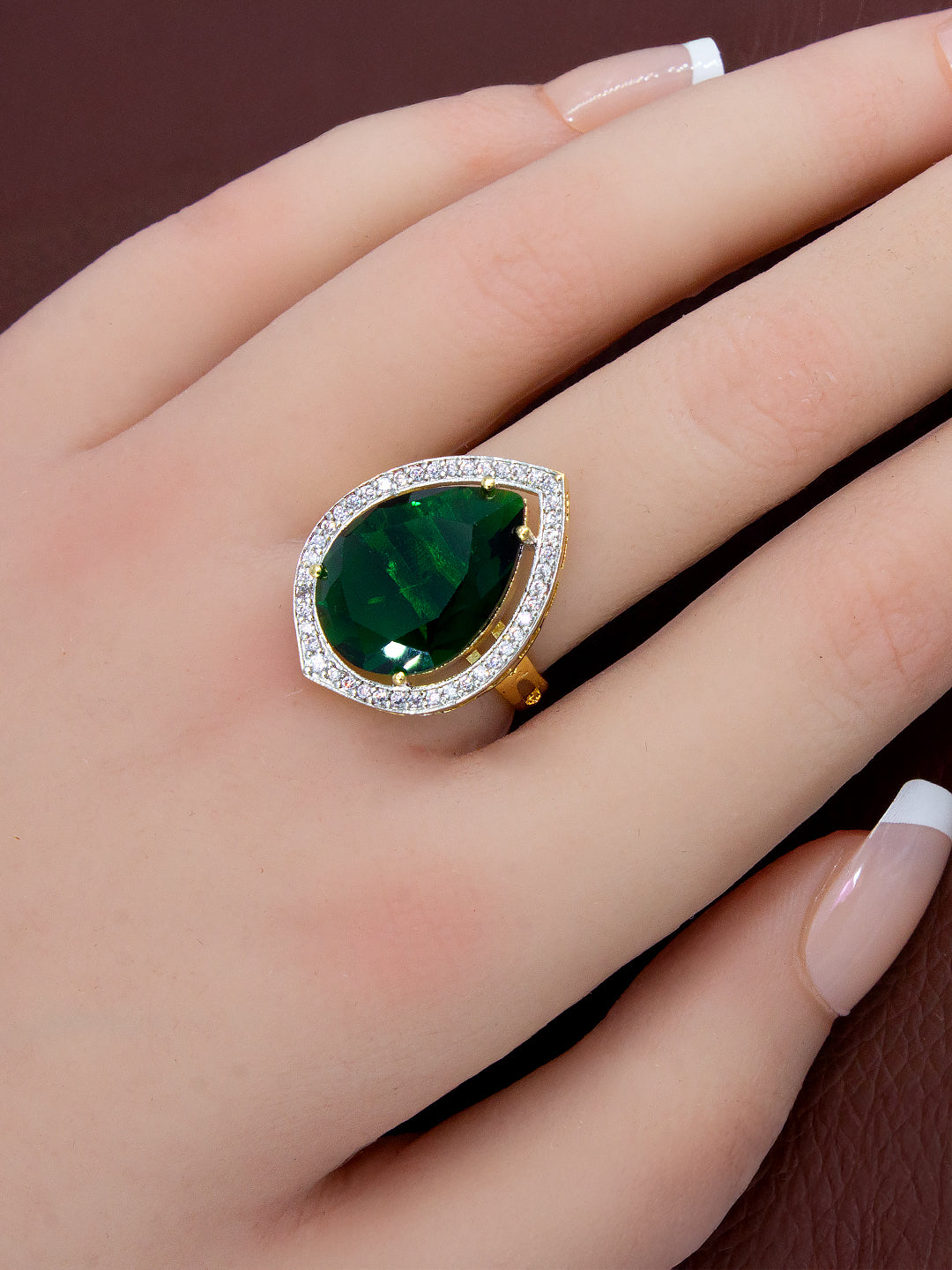 Gold Plated AD Green Cocktail Adjustable Ring