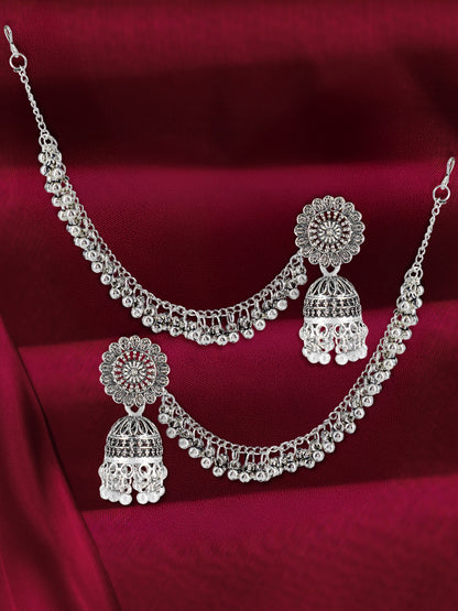 Silver-Oxidised Floral Jhumka Earrings With Ear Chain