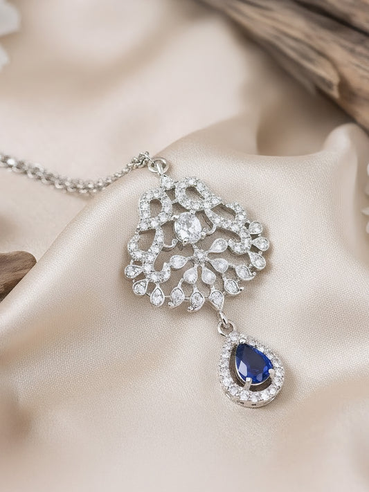 Rhodium Plated Blue AD Maang Tikka for Women