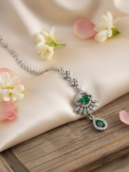 Silver Plated Green AD Drop Maang Tikka for Women
