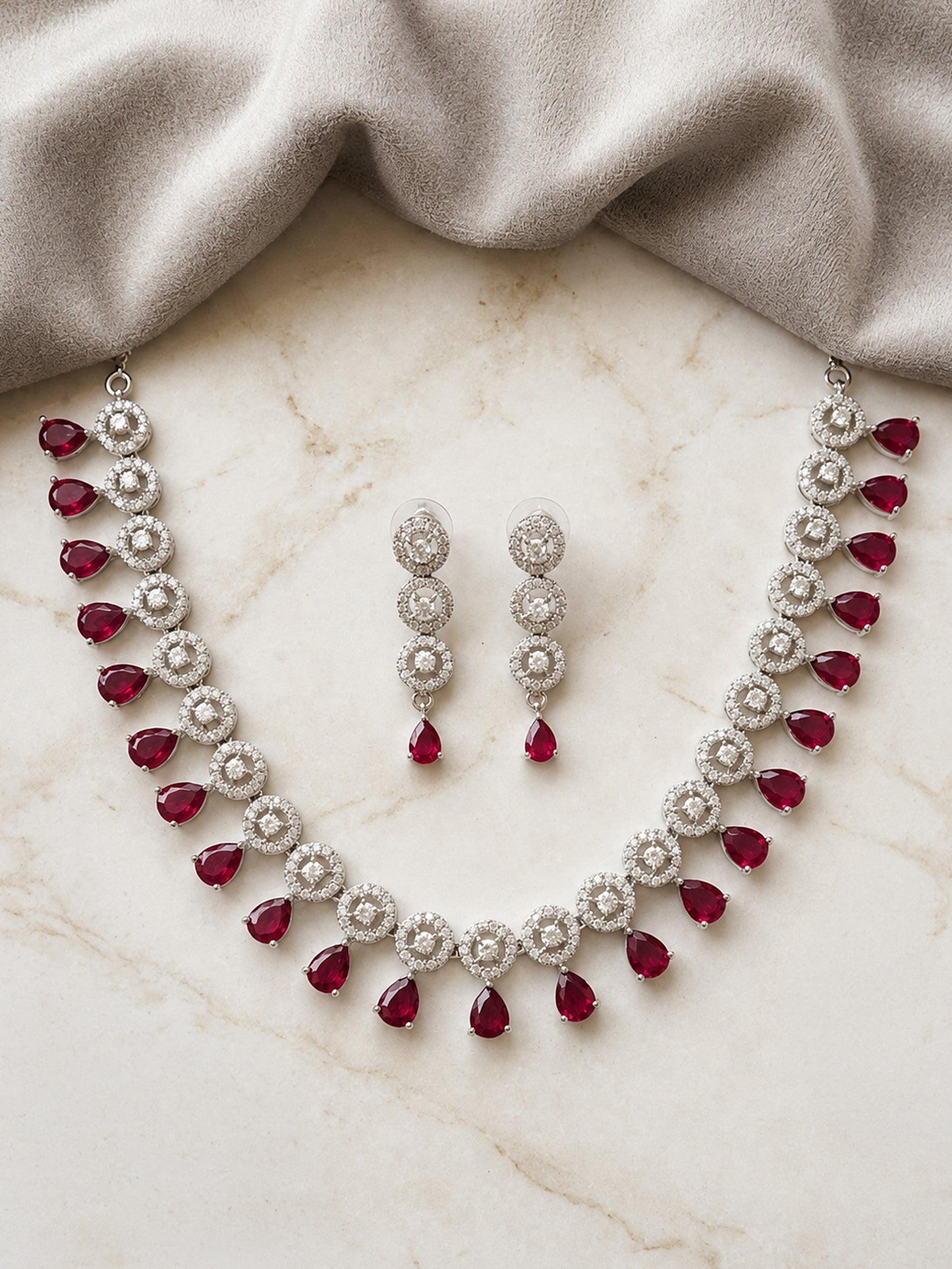 Silver Plated Red AD Jewellery Set for Women