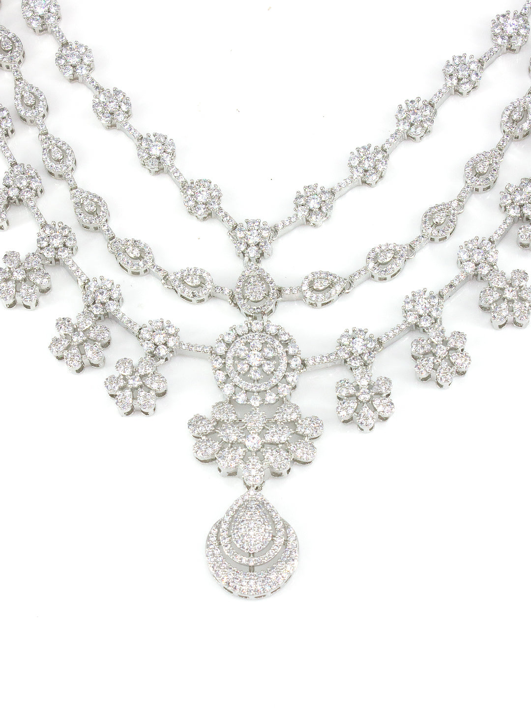 Silver Plated 3 Layer Cocktail AD Designer Jewellery Set