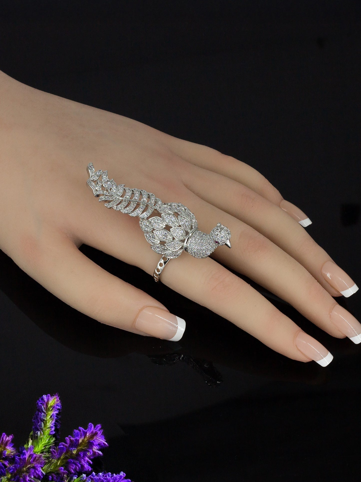 Silver Plated Peacock AD Adjustable Finger Ring for Women