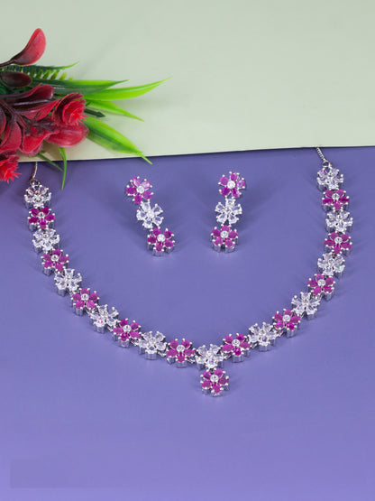 Rhodium Plated Ruby American Diamond Studded Floral Jewellery Set