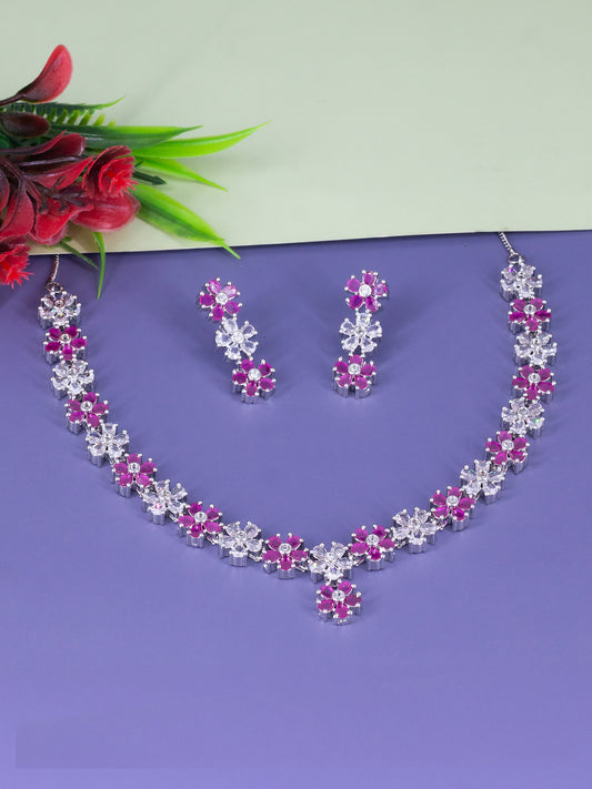 Rhodium Plated Ruby American Diamond Studded Floral Jewellery Set