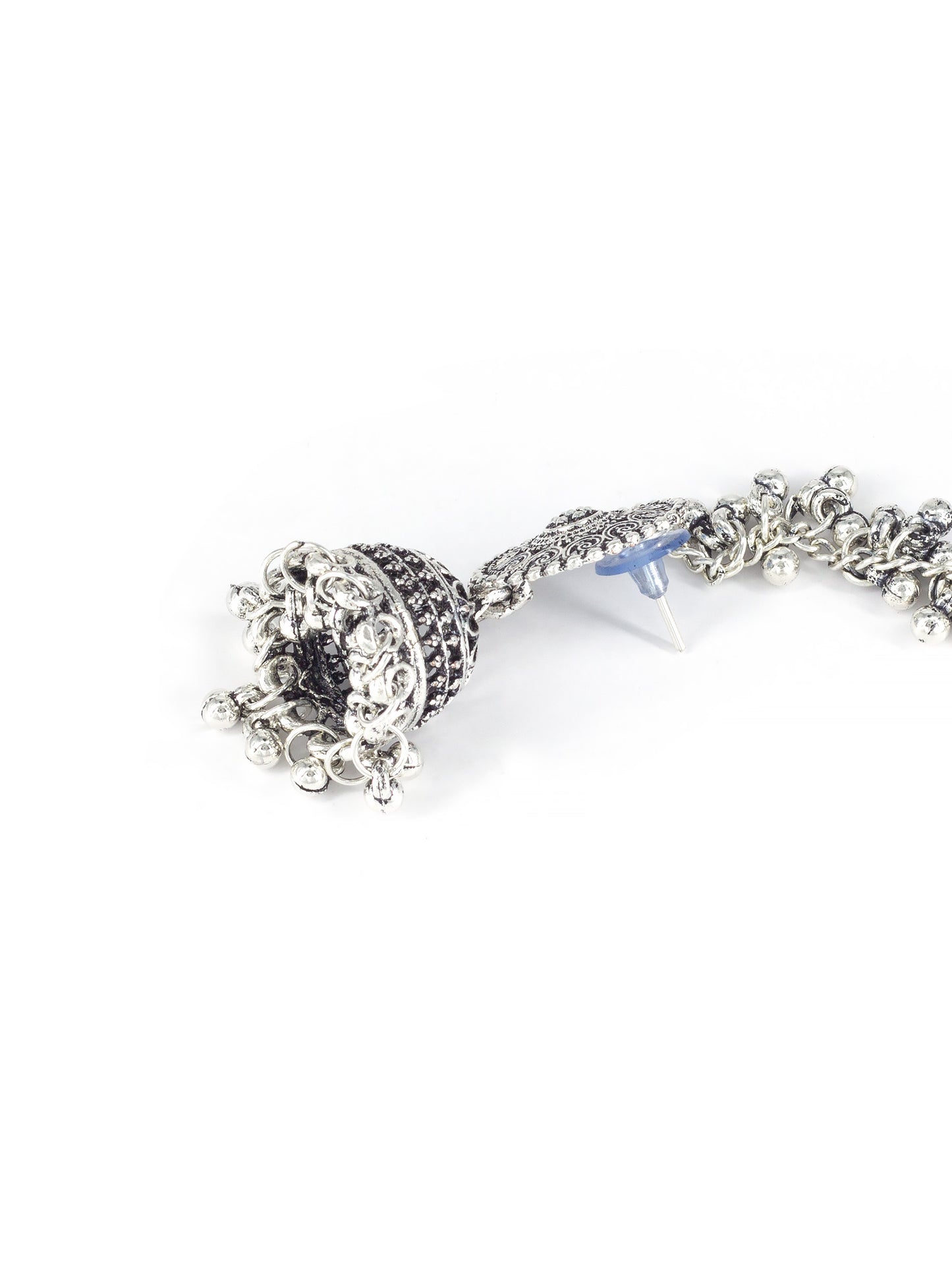 Silver-Plated Dome Shaped Jhumkas With Hair Chain