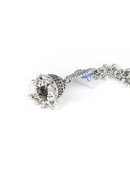 Silver-Plated Dome Shaped Jhumkas With Hair Chain
