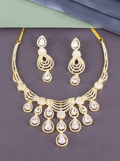 Gold Plated White AD Studded Designer Jewellery Set