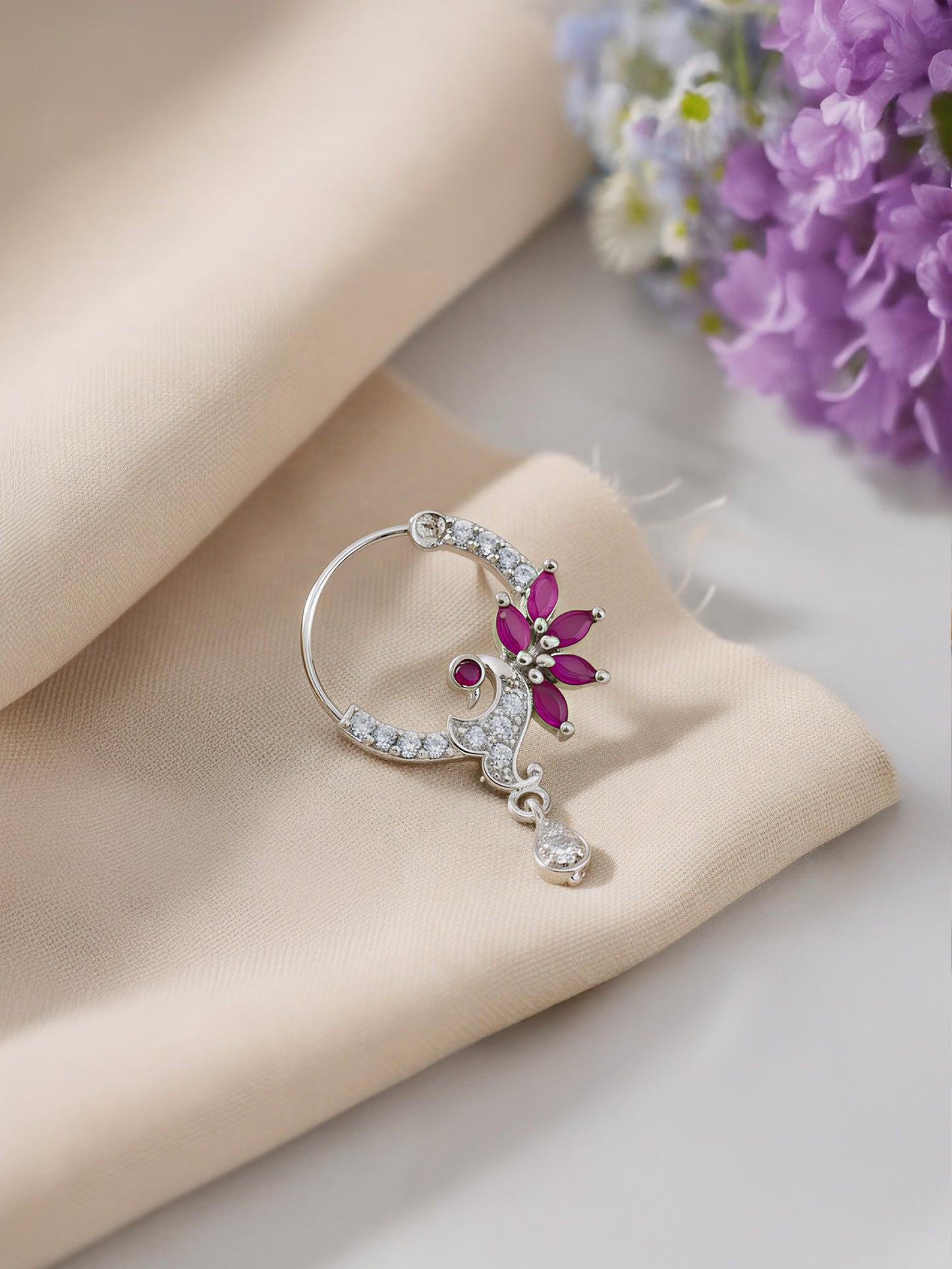 Silver Plated Red AD Drop Nose Ring for Women