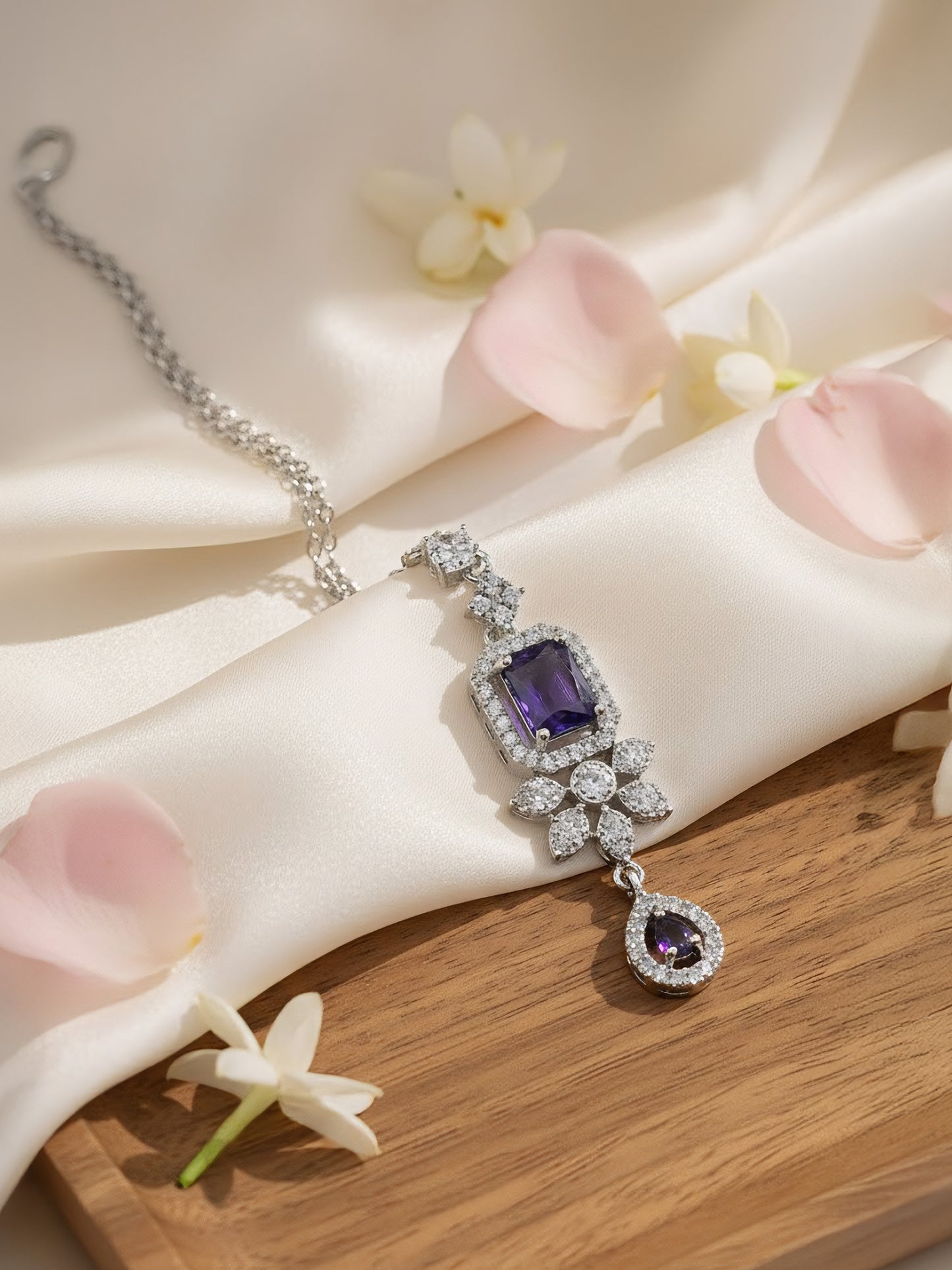 Silver Plated Purple AD Floral Maang Tikka for Women