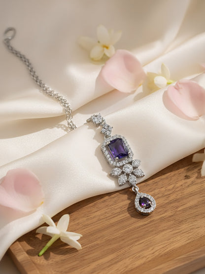 Silver Plated Purple AD Floral Maang Tikka for Women