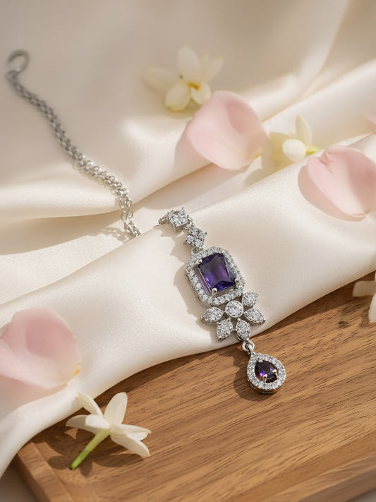 Silver Plated Purple AD Floral Maang Tikka for Women