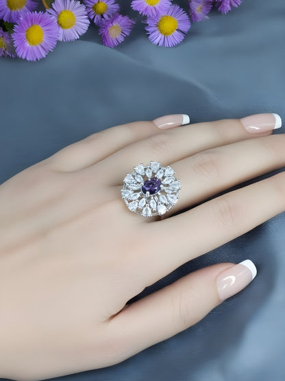 Silver Plated Purple AD Floral Adjustable Ring for Women