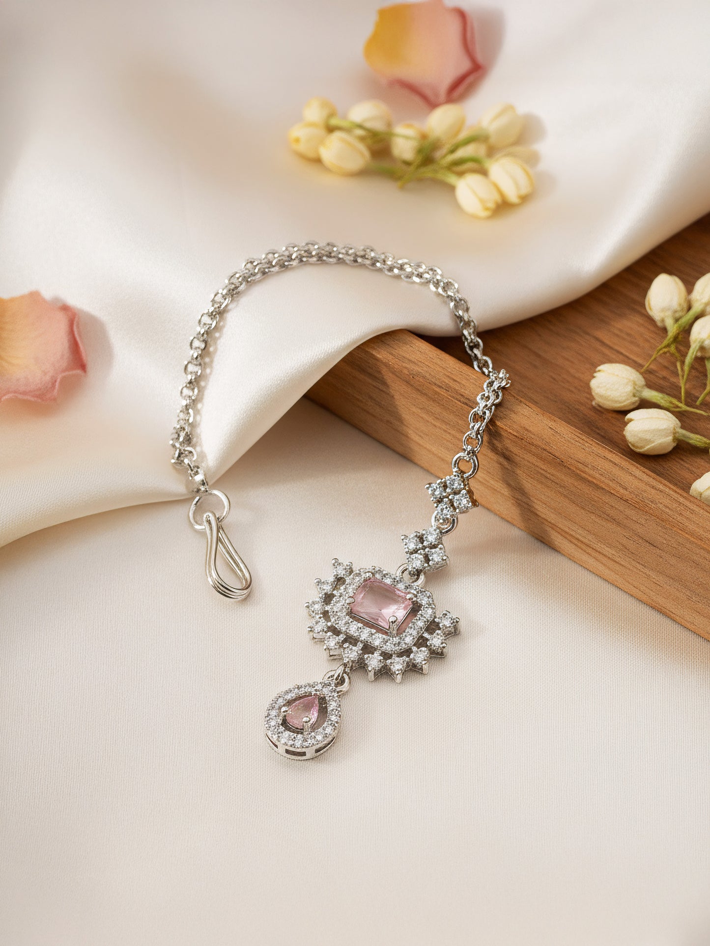 Silver Plated Pink AD Maang Tikka for Women