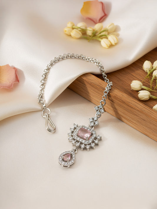 Silver Plated Pink AD Maang Tikka for Women