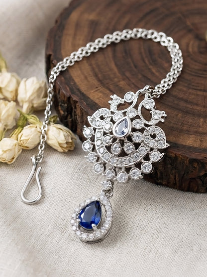 Rhodium Plated Blue AD Maang Tikka for Women