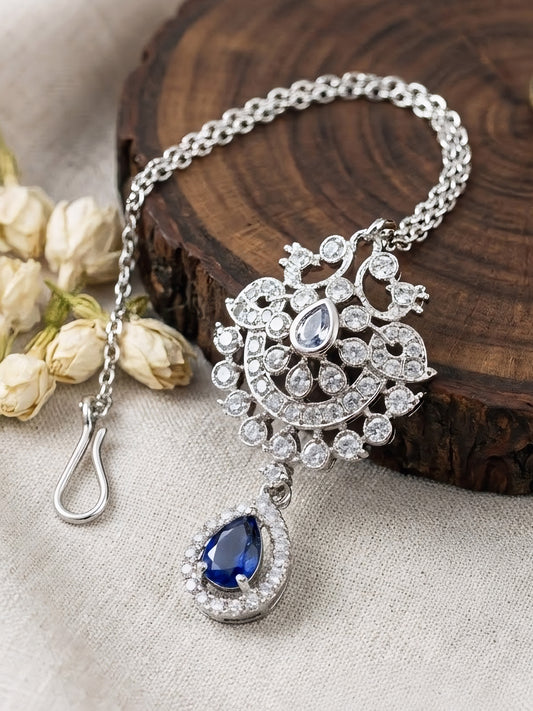 Rhodium Plated Blue AD Maang Tikka for Women