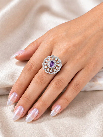 Rhodium Plated Purple AD Finger Ring for Women