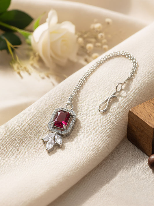 Rhodium Plated Red AD Maang Tikka for Women