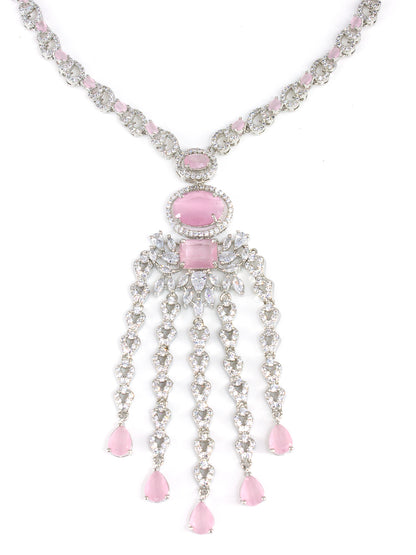 Rhodium Plated Pink Designer AD Jewellery Set