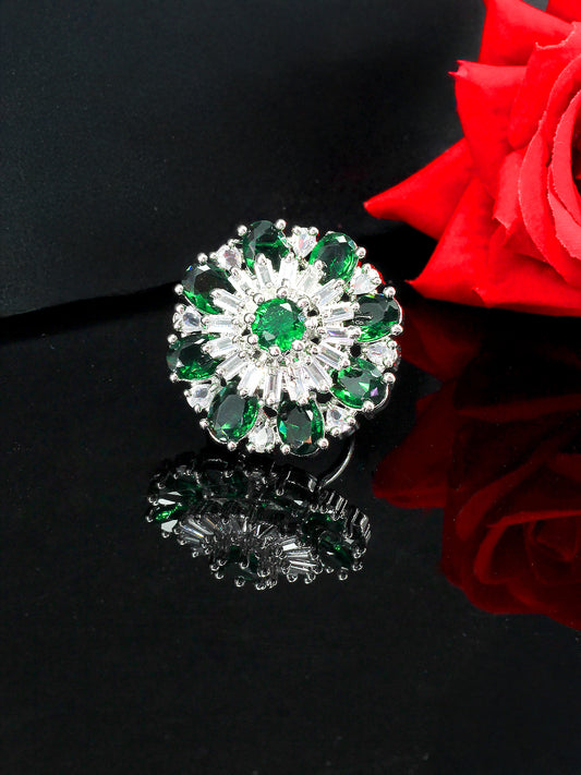 Floral Green American Diamond Adjustable Cocktail Finger Ring