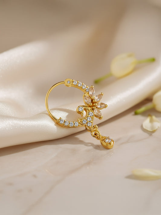 Gold Plated White AD Peacock Nose Ring for Women
