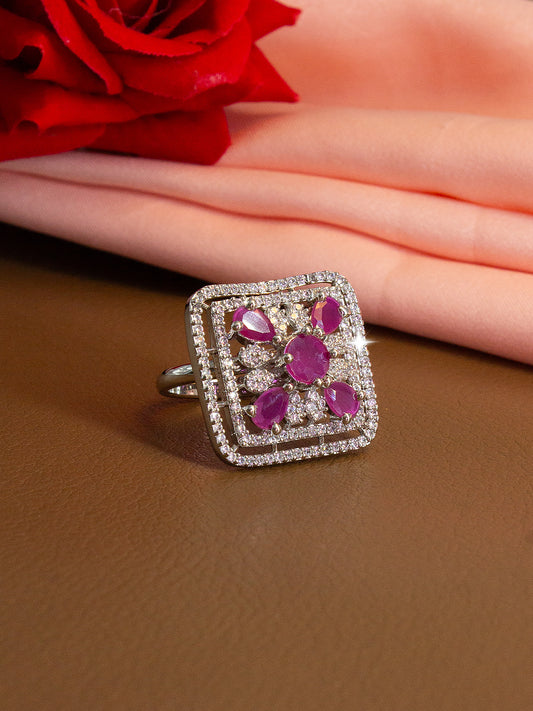 Silver-Plated American-Diamond Studded Adjustable Finger Ring