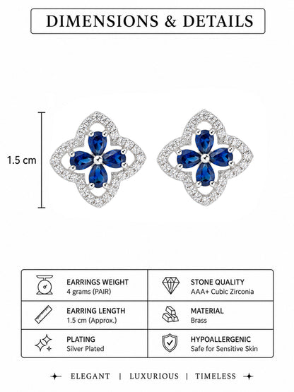 Rhodium Plated Blue AD Stud Earrings for Women