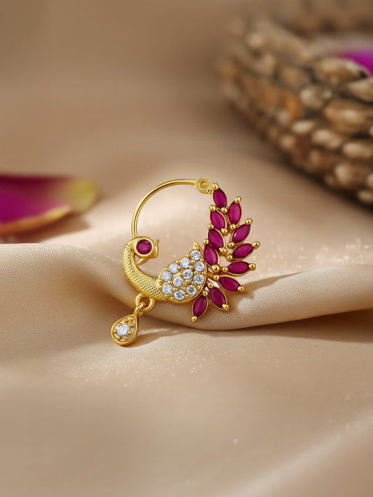 Gold Plated American Dimaond Peacock Drop Nose Ring