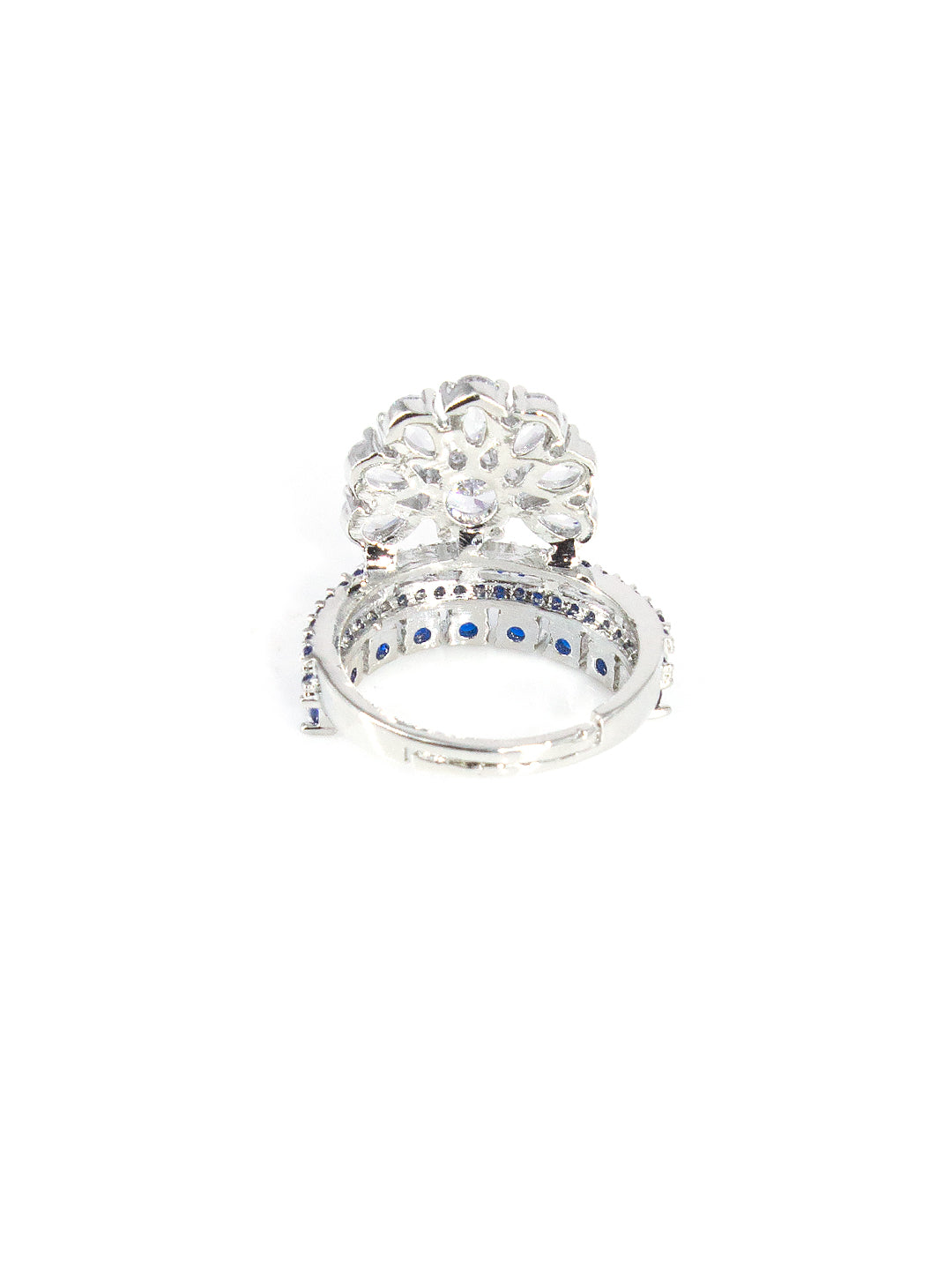 Silver-Plated American-Diamond Studded Floral Design Adjustable Finger Ring