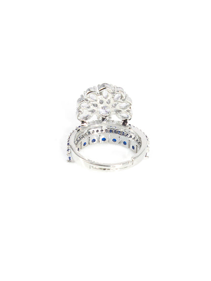 Silver-Plated American-Diamond Studded Floral Design Adjustable Finger Ring