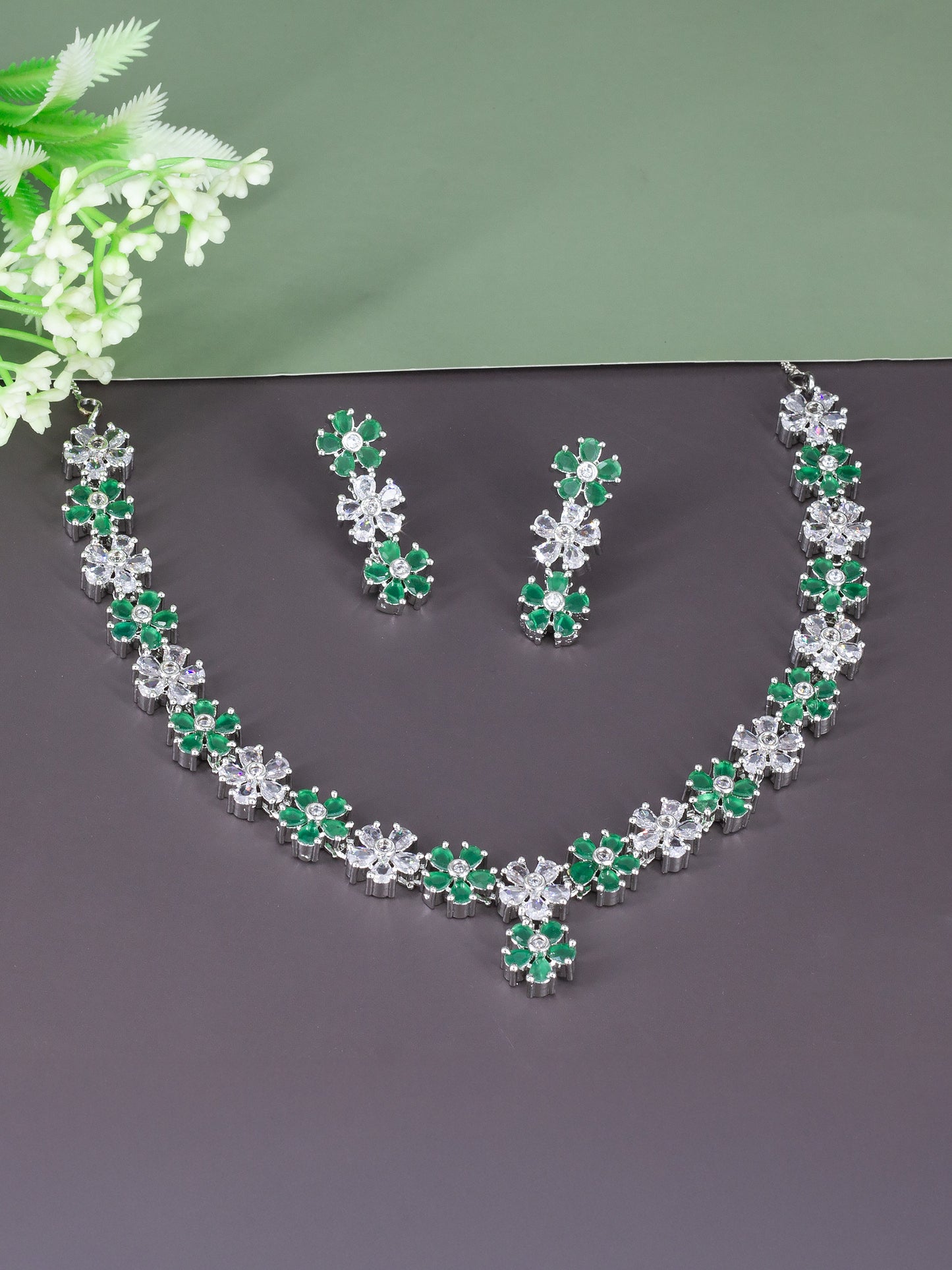 Silver Plated Green AD Floral Jewellery Set for Women