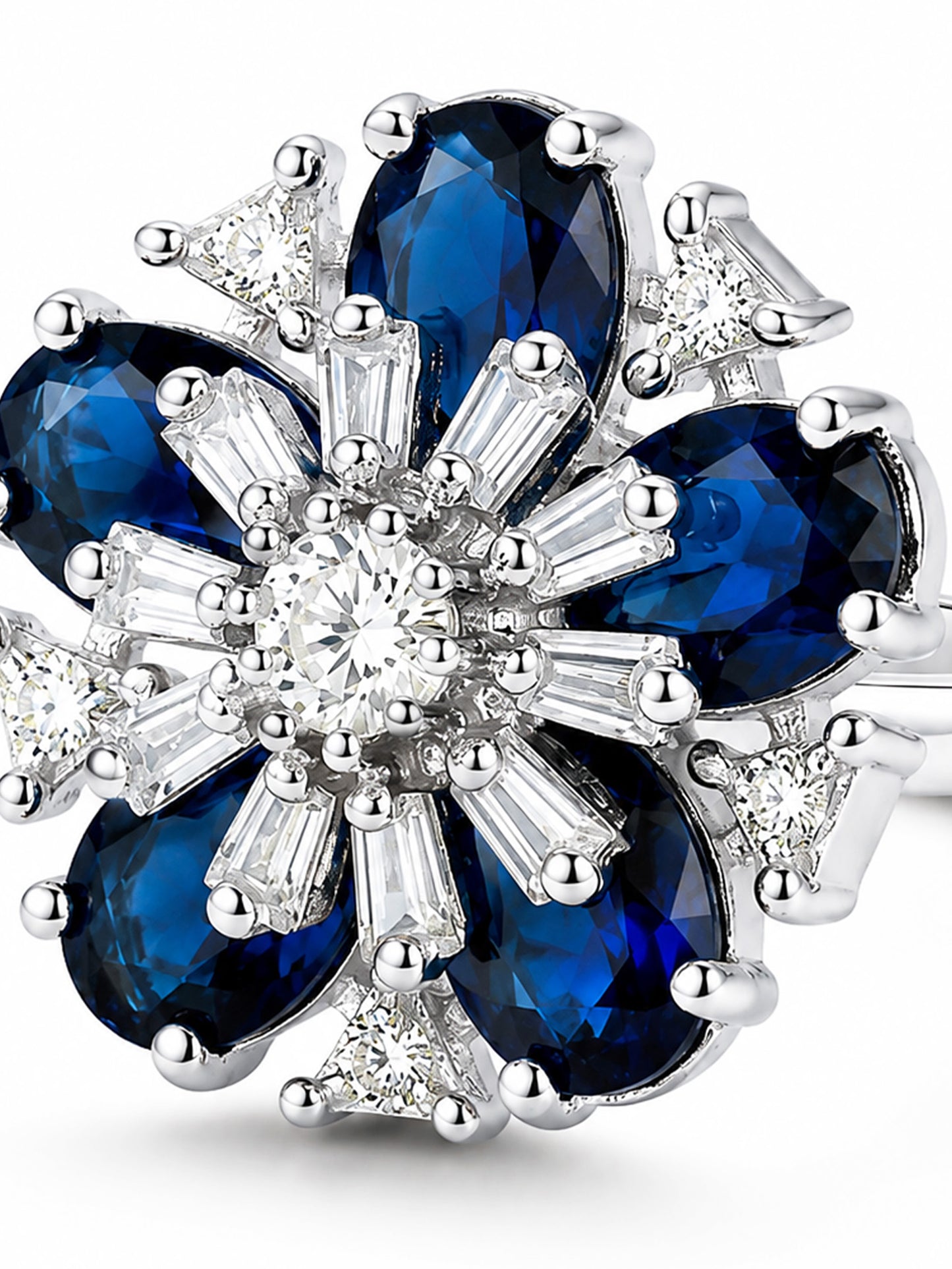 Rhodium Plated Blue AD Floral Finger Ring for Women