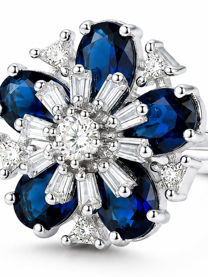 Rhodium Plated Blue AD Floral Finger Ring for Women